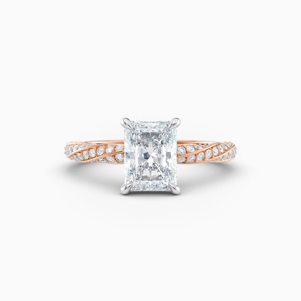 Engagement Rings & Coloured Stones in 2026 That You’ll Love 157 2ct radiant solitaire with a twist diamond band in 18ct rose gold