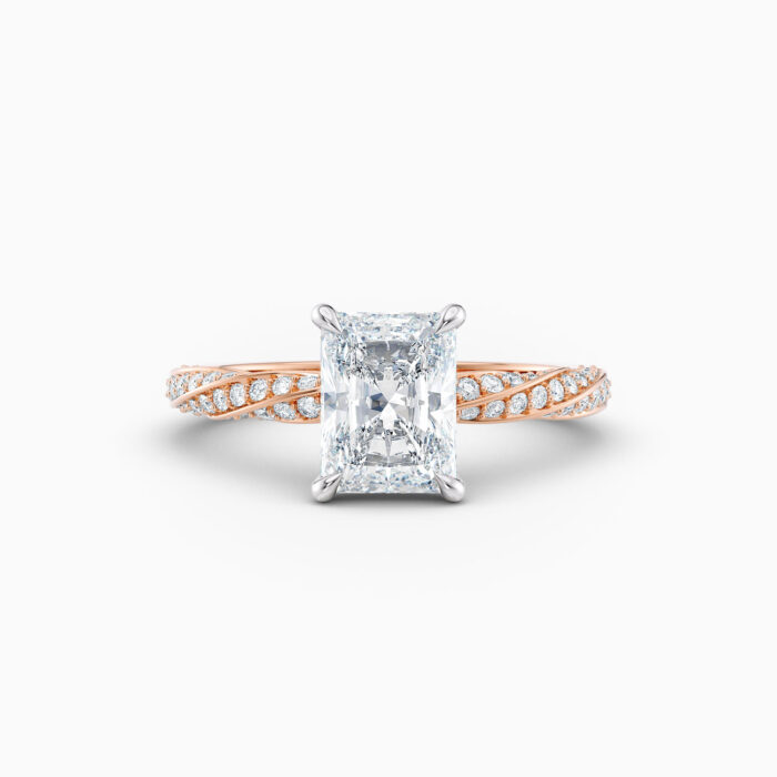 2ct radiant solitaire with a twist diamond band in 18ct rose gold