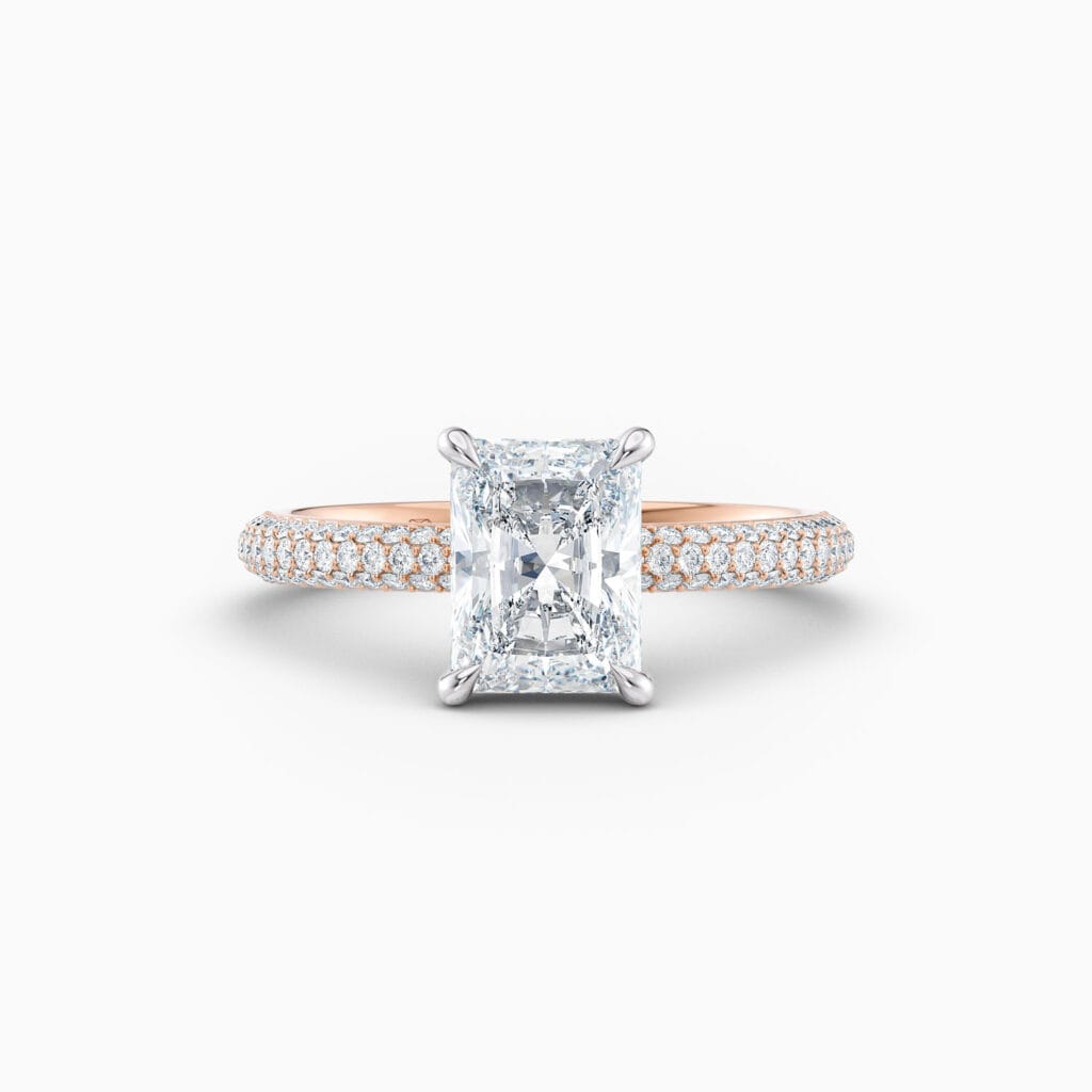 Engagement Rings & Coloured Stones in 2026 That You’ll Love 136 2ct radiant solitaire with a pave diamond band in rose gold