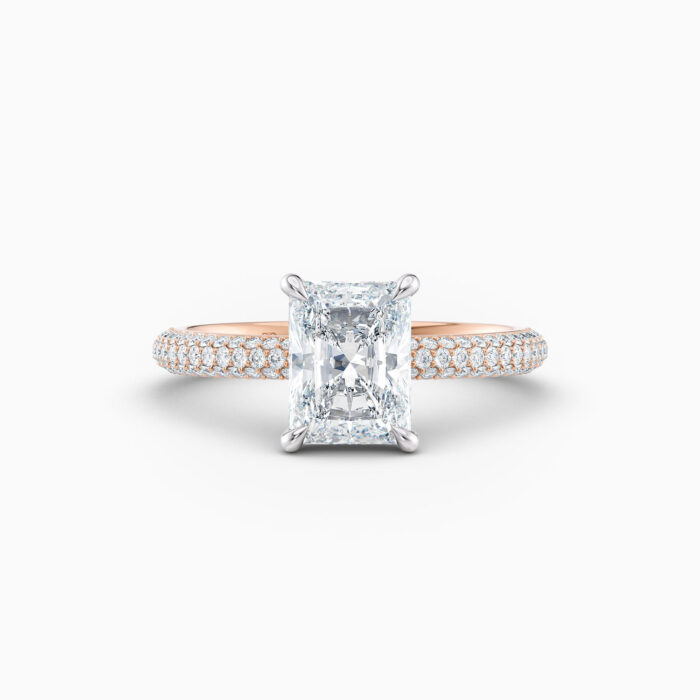 2ct radiant solitaire with a pave diamond band in rose gold