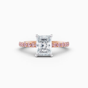 2ct radiant solitaire with pink diamond band in rose gold