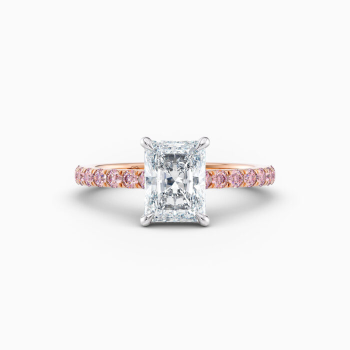 2ct radiant solitaire with pink diamond band in rose gold