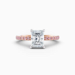 2ct radiant solitaire with cut claw pink diamond band in rose gold