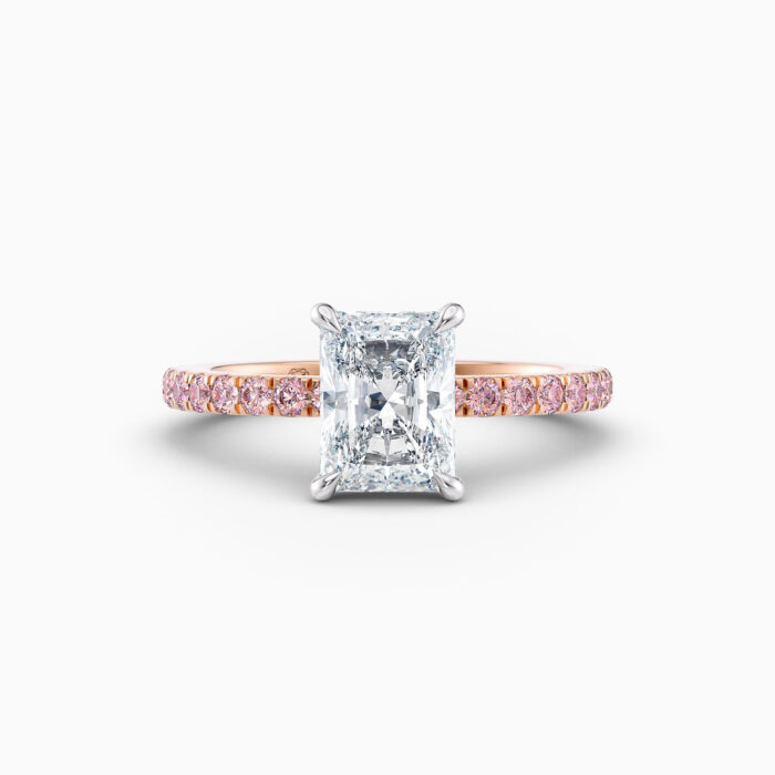 2ct radiant solitaire with cut claw pink diamond band in rose gold