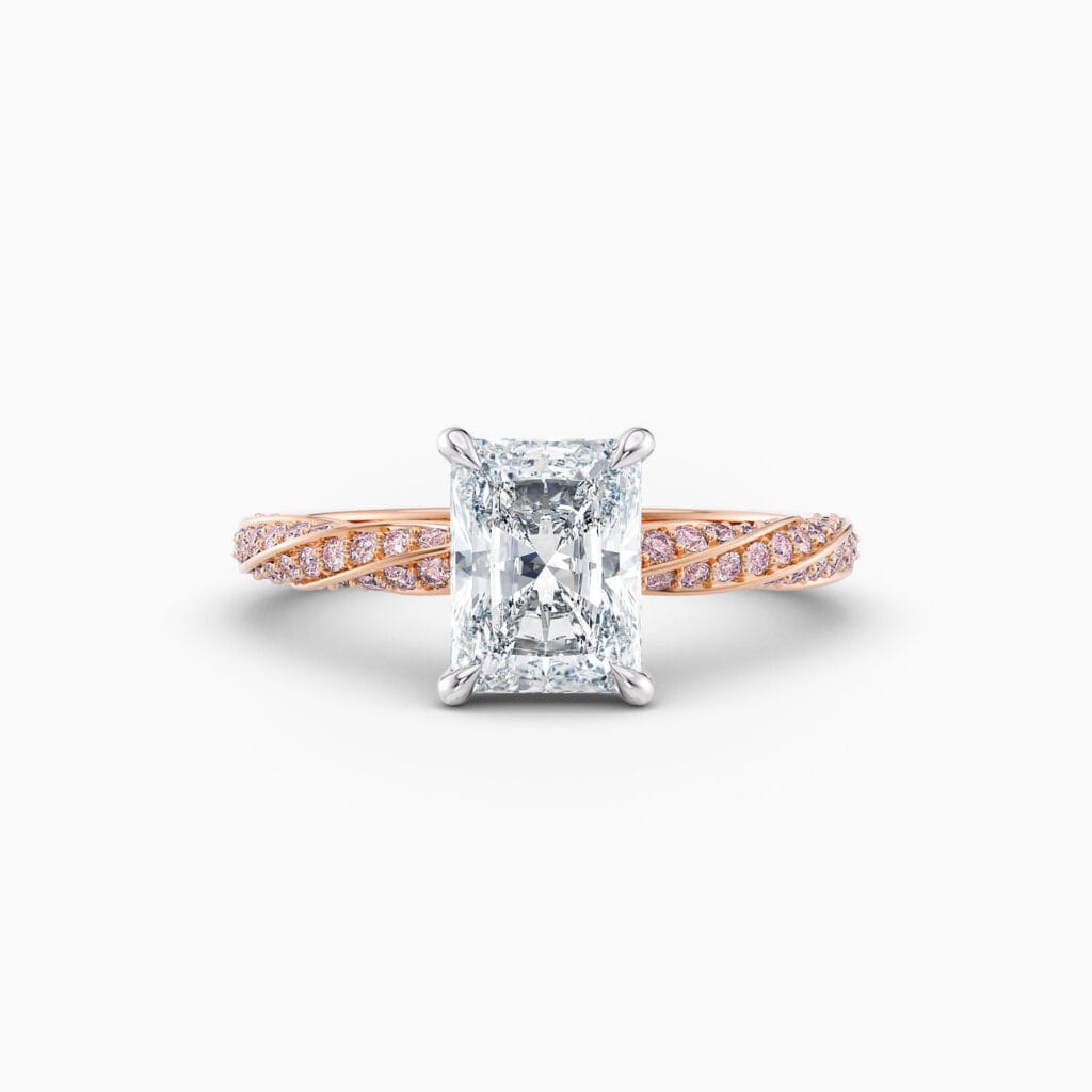 Engagement Rings & Coloured Stones in 2026 That You’ll Love 70 2ct radiant solitaire with twist pink diamond band in rose gold