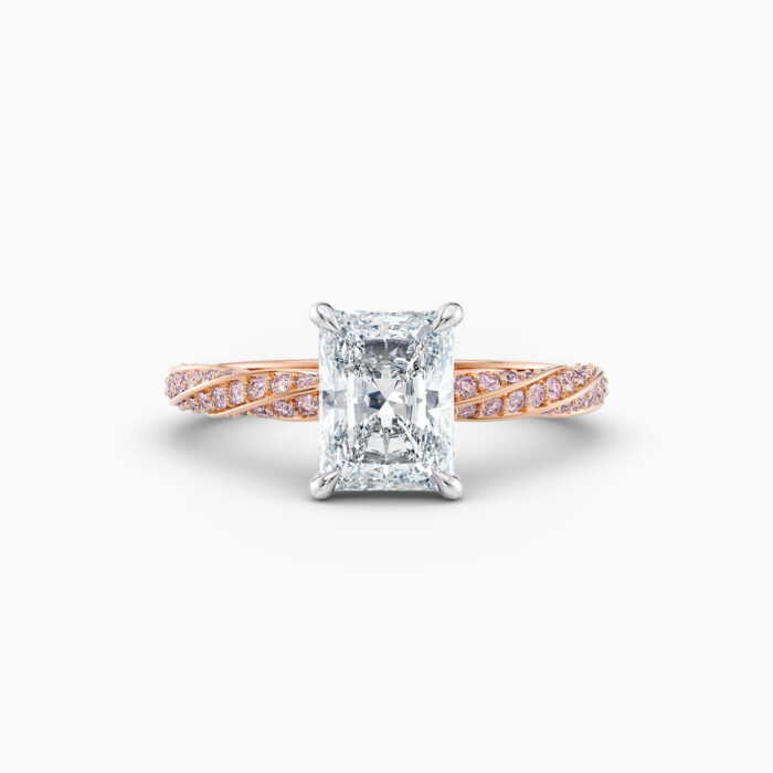 2ct radiant solitaire with twist pink diamond band in rose gold