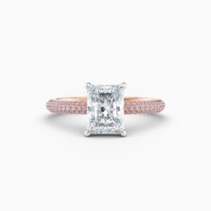 2ct radiant solitaire with pink diamond pave band in 18ct rose gold