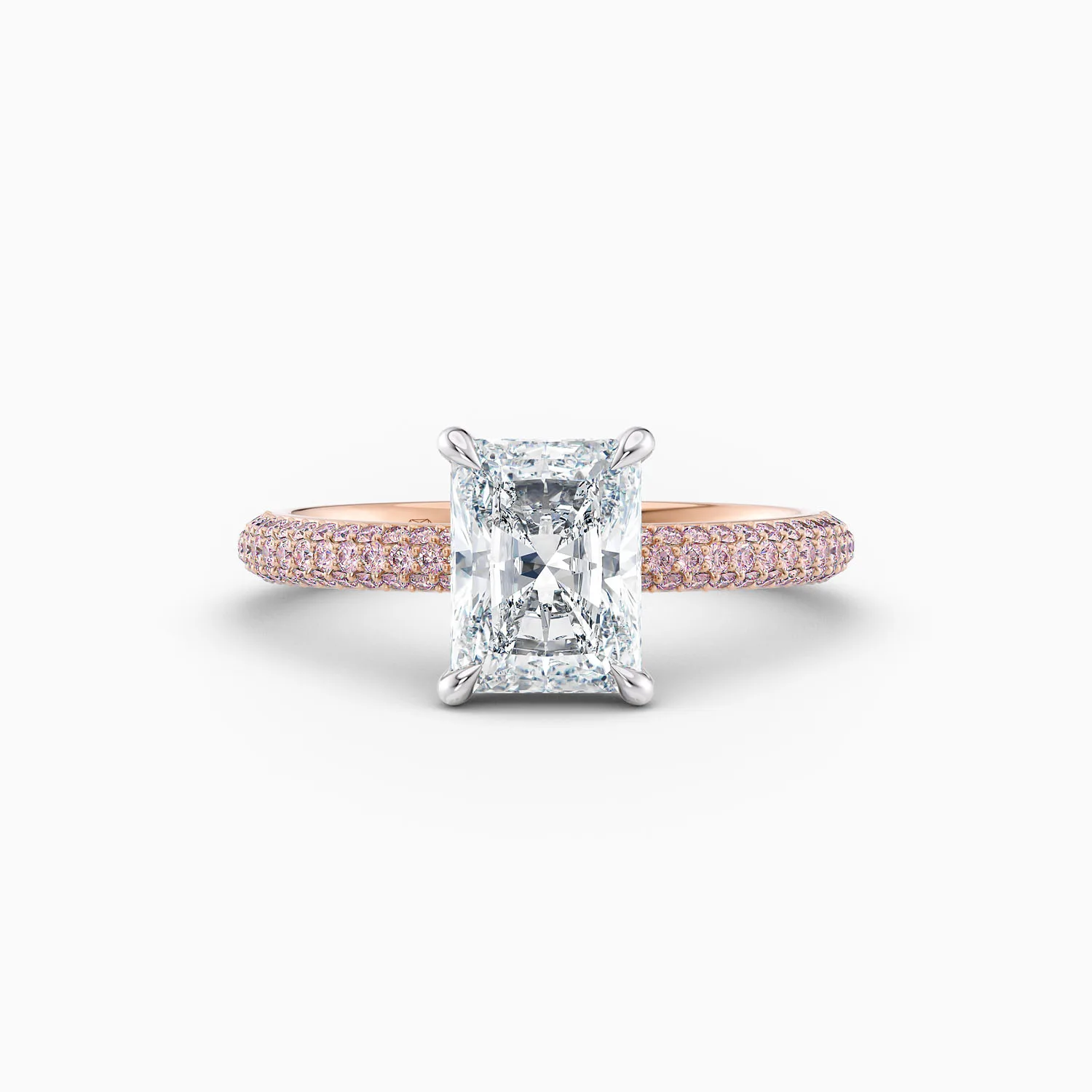 2ct radiant solitaire with pink diamond pave band in 18ct rose gold