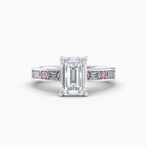 2ct Emerald cut channel set diamond ring with bagette and pink diamonds in platinum