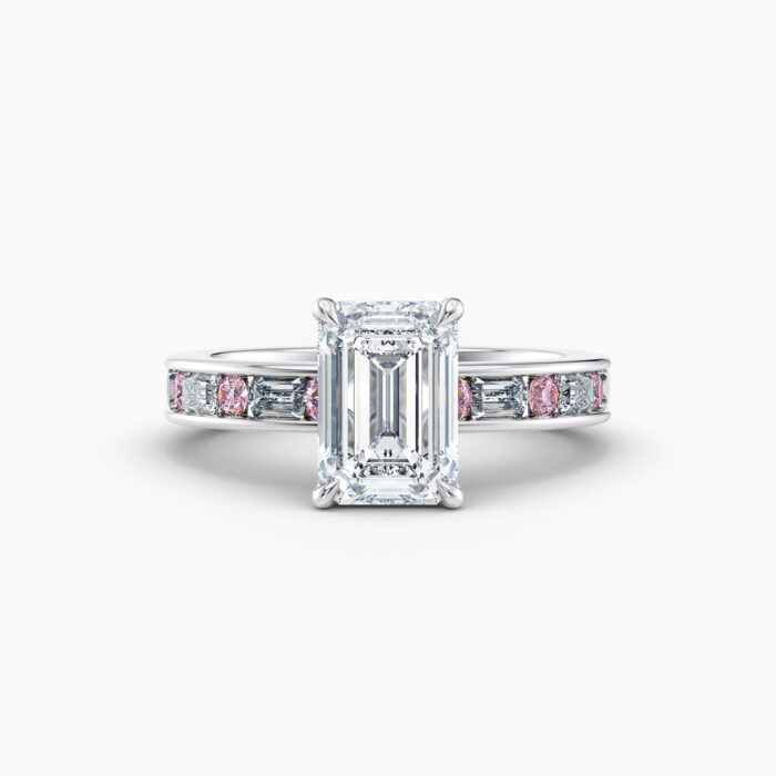 2ct Emerald cut channel set diamond ring with bagette and pink diamonds in platinum