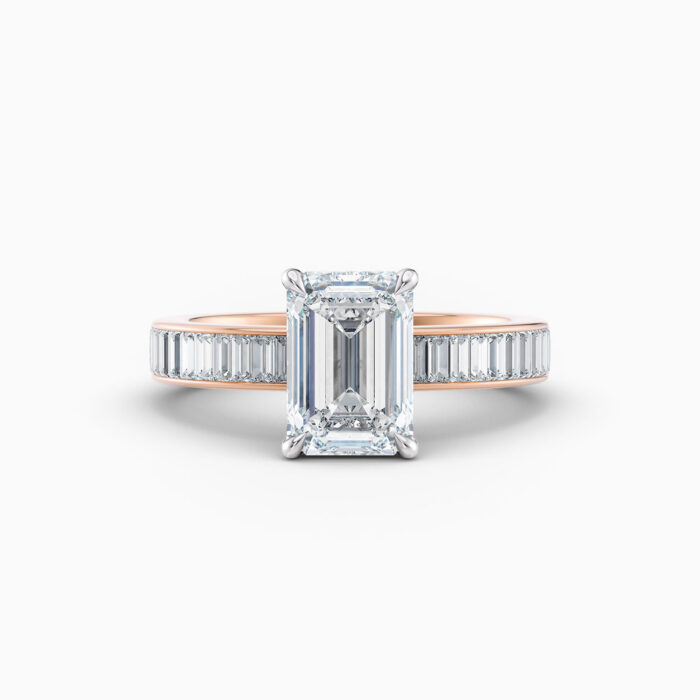 2ct Emerald cut diamond ring with channel set baguette diamonds in rose gold