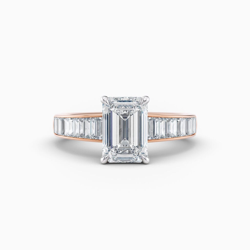 Engagement Rings & Coloured Stones in 2026 That You’ll Love 86 2ct emerald cut diamond ring with tapered baguette diamonds in rose gold