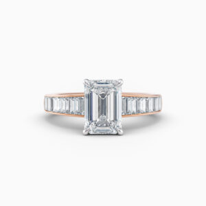 2ct emerald cut diamond ring with tapered baguette diamonds in rose gold