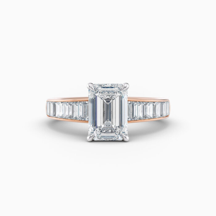 2ct emerald cut diamond ring with tapered baguette diamonds in rose gold