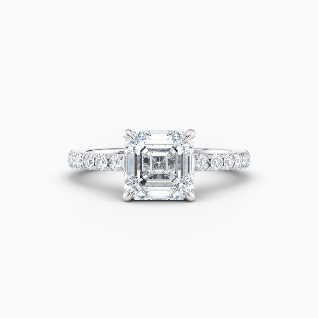 Engagement Rings & Coloured Stones in 2026 That You’ll Love 90 2ct Asscher cut solitaire with diamond band in white gold