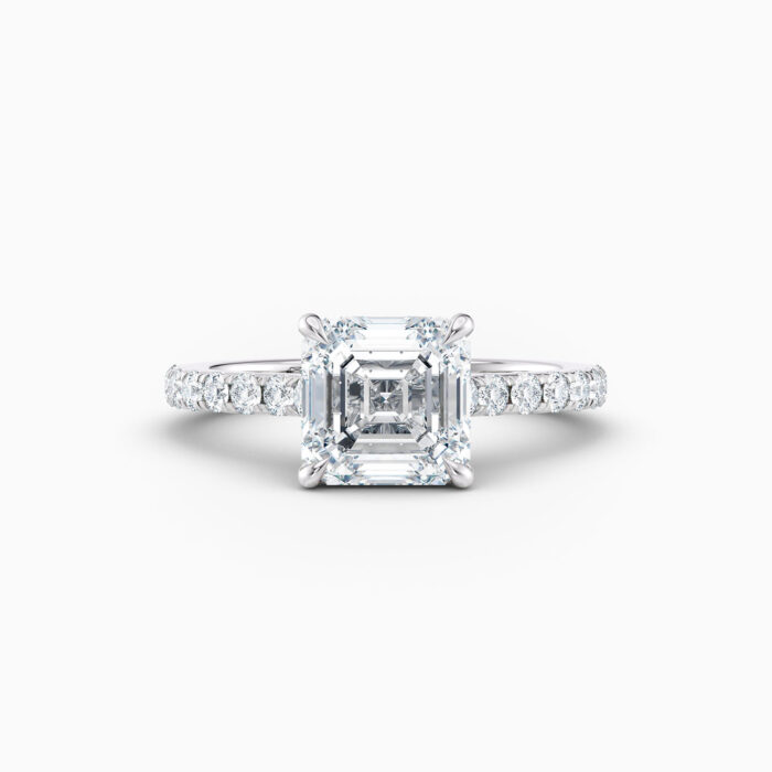 2ct Asscher cut solitaire with diamond band in white gold