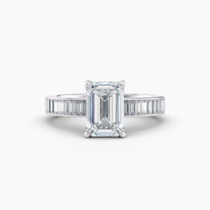 2ct Emerald cut diamond ring with baguette channel set diamonds in white gold