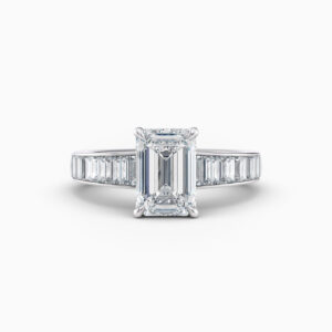 2ct emerald cut diamond ring with channel set baguetted diamonds in white gold