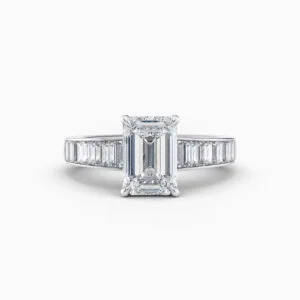 2ct emerald cut diamond ring with channel set baguetted diamonds in white gold