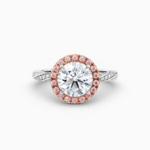 pink diamond round halo engagement ring in white gold