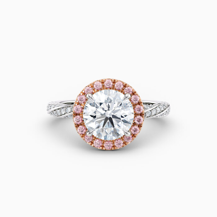 pink diamond round halo engagement ring in white gold