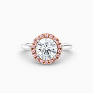 pink diamond round halo engagement ring in white gold