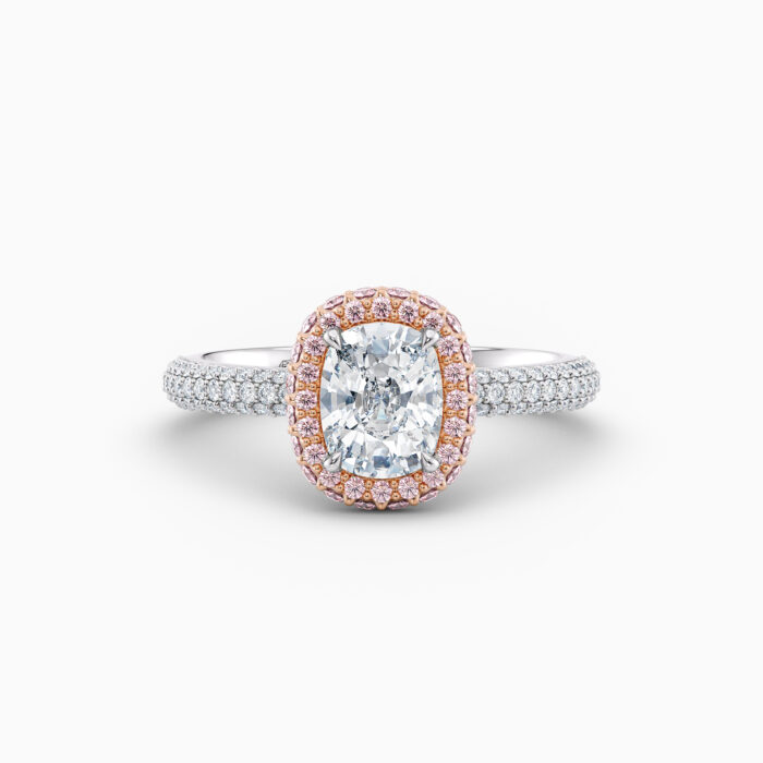 cushion diamondpink pave halo diamond engagement ring