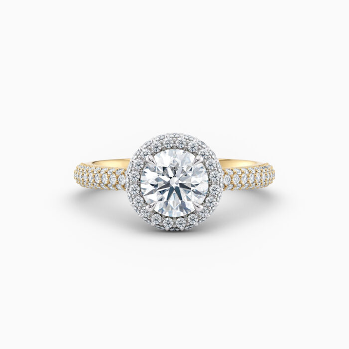 yellow gold pave round diamond halo engagement ring