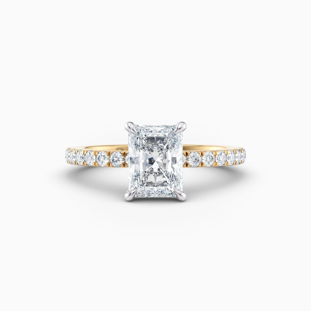 Engagement Rings & Coloured Stones in 2026 That You’ll Love 159 2ct radiant cut solitaire with cut claw diamond band in 18ct yellow gold