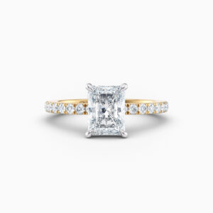 2ct radiant cut solitaire with cut claw diamond band in 18ct yellow gold