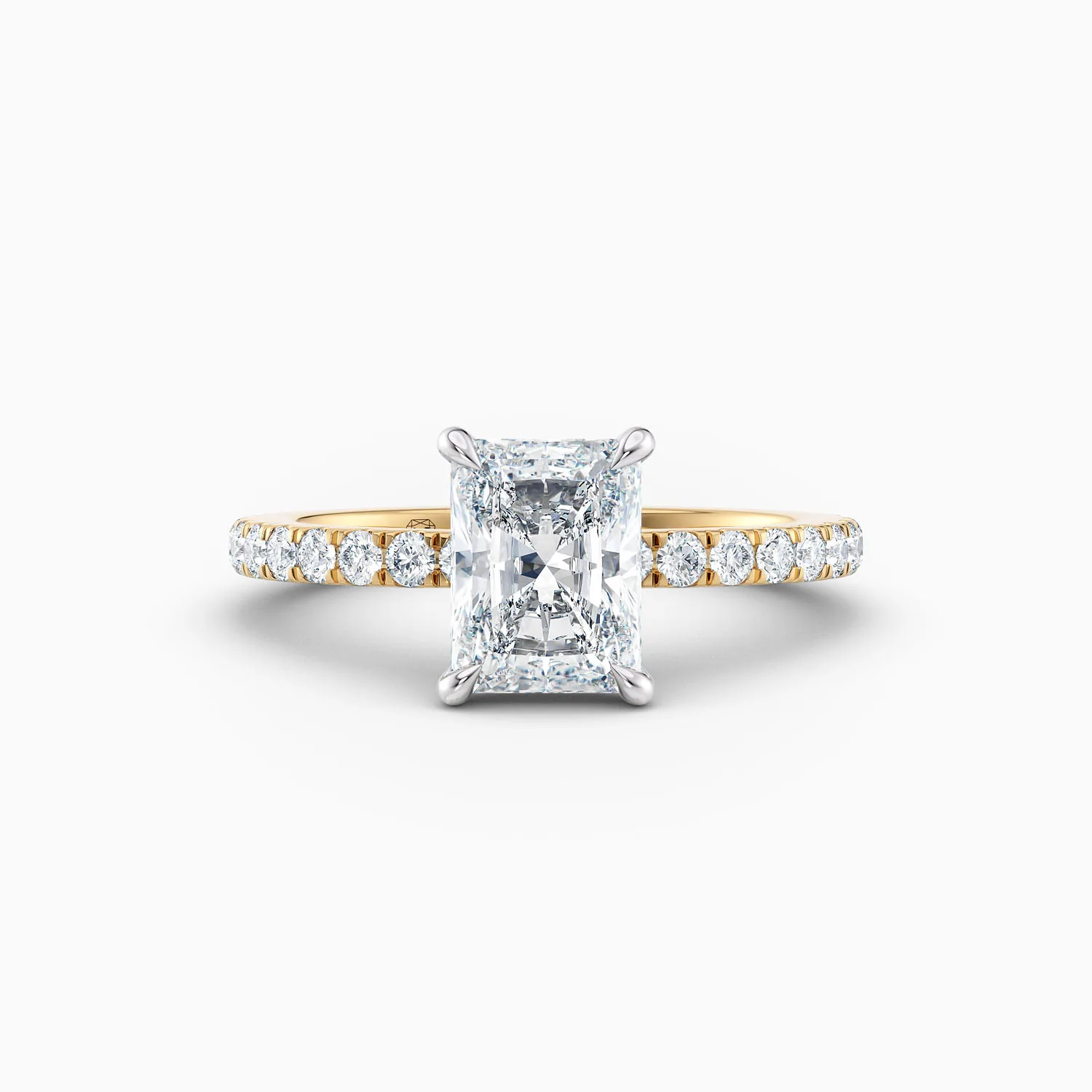 2ct radiant cut solitaire with cut claw diamond band in 18ct yellow gold