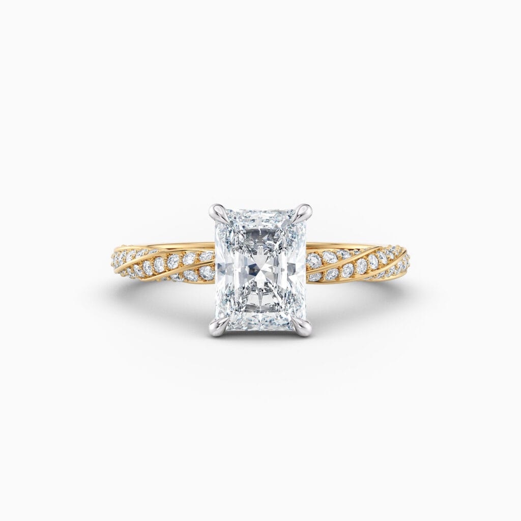 Engagement Rings & Coloured Stones in 2026 That You’ll Love 158 2ct radiant solitaire with twist diamond band in 18ct yellow gold