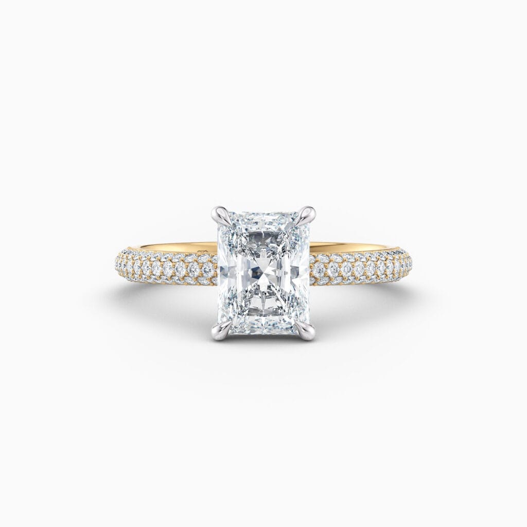 Engagement Rings & Coloured Stones in 2026 That You’ll Love 137 2ct radiant solitaire in yellow gold with diamond pave band