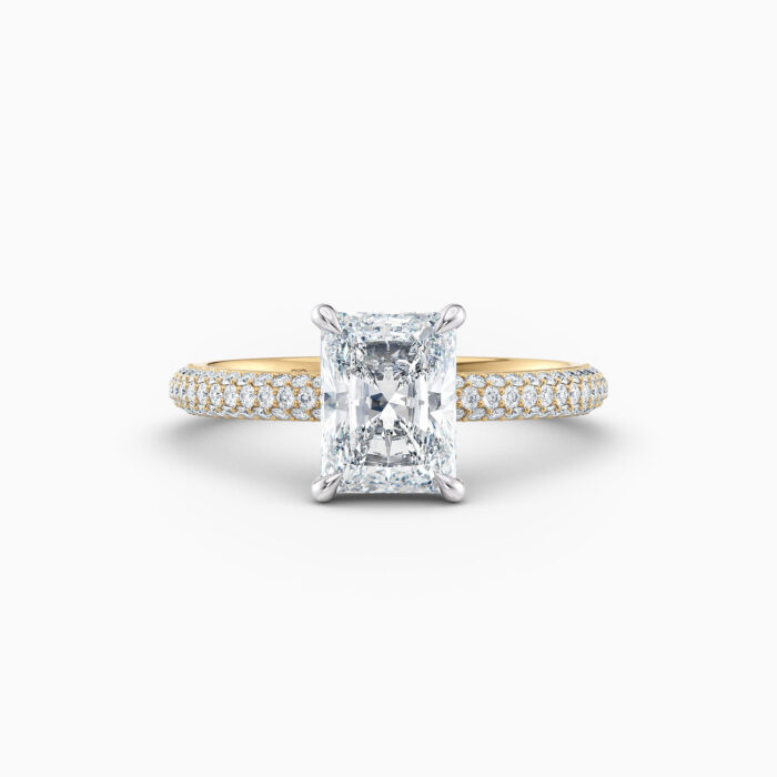 2ct radiant solitaire in yellow gold with diamond pave band