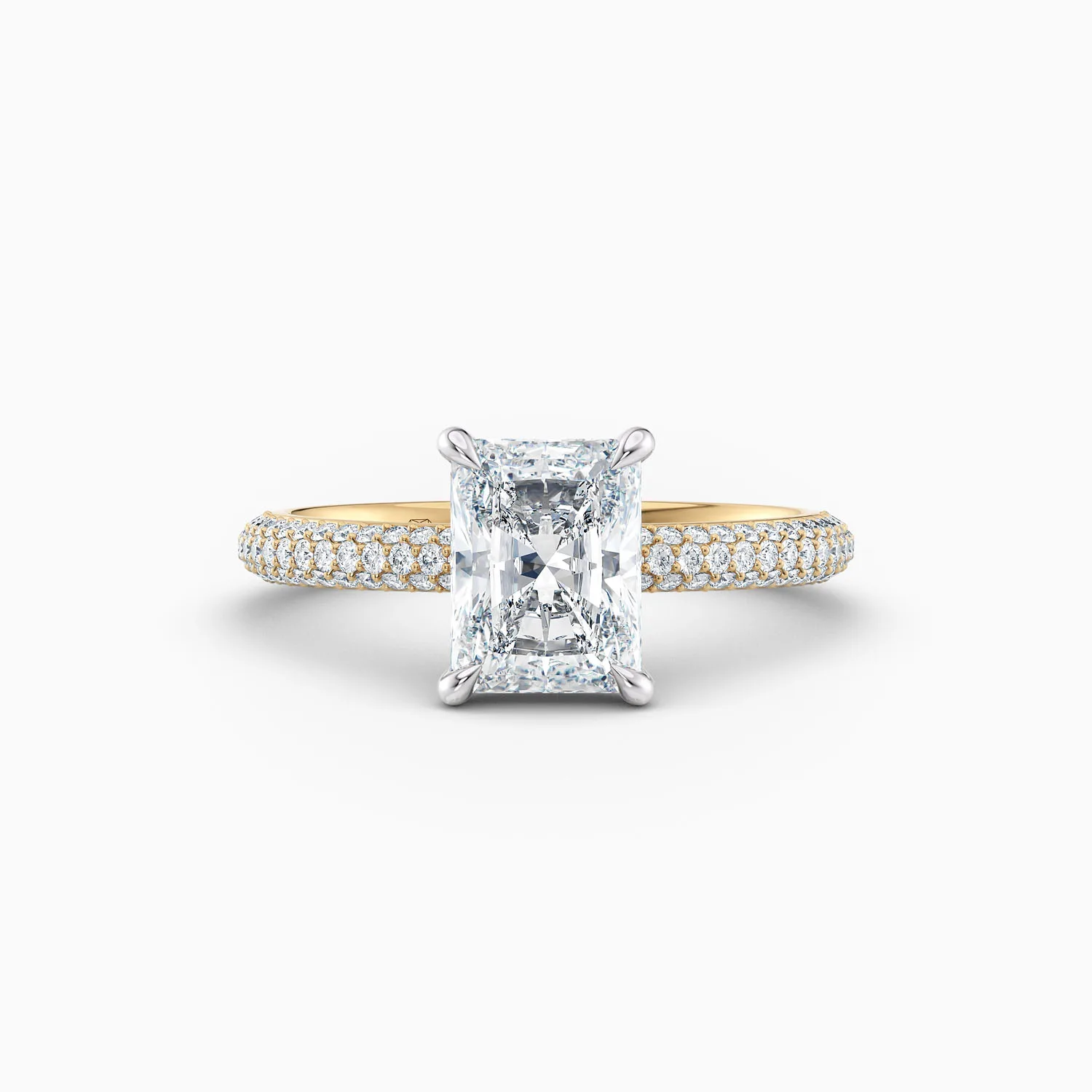 2ct radiant solitaire in yellow gold with diamond pave band