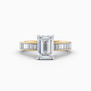 2ct Emerald cut diamond ring with baguette channel set shoulder diamonds in yellow gold