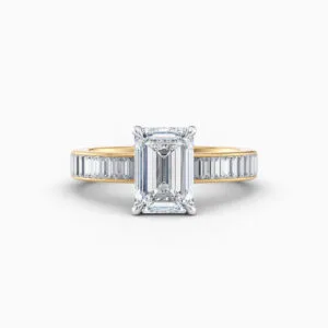 2ct Emerald cut diamond ring with baguette channel set shoulder diamonds in yellow gold