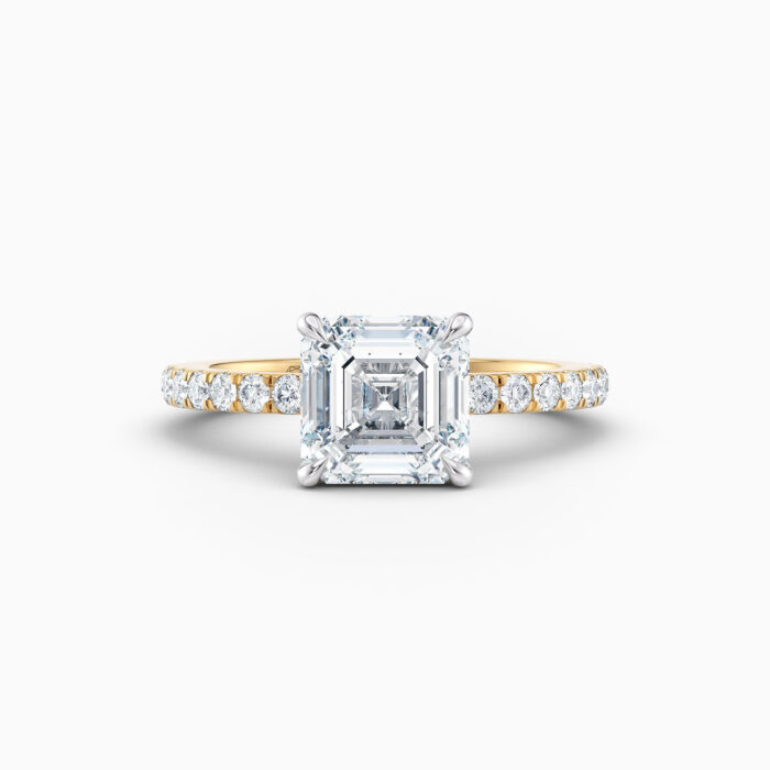 2ct Asscher cut solitaire with diamond band in yellow gold