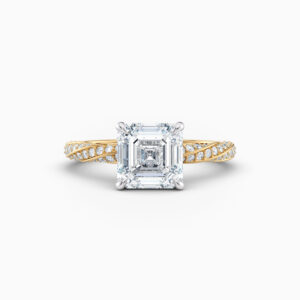 2ct Asscher cut solitaire with diamond twist band in yellow gold