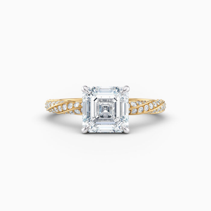 2ct Asscher cut solitaire with diamond twist band in yellow gold