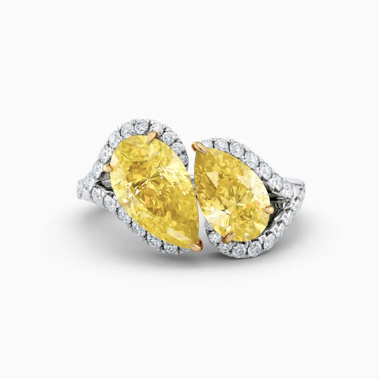 pear shape yellow diamond in toi et moi design in platinum