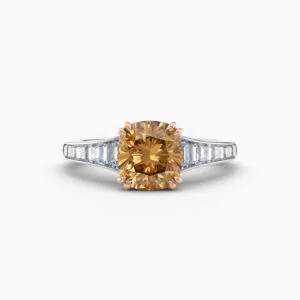 2ct Champagne cushion cut diamond ring with french cut diamonds in platinum