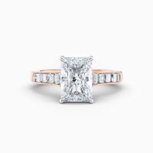 radiant 2ct diamond ring with channel set shoulders in rose gold