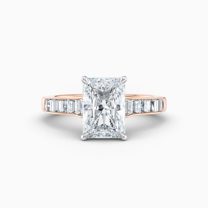 radiant 2ct diamond ring with channel set shoulders in rose gold