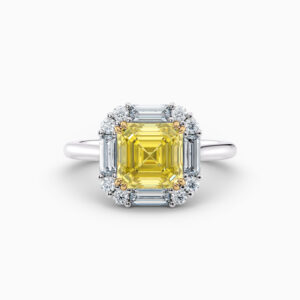 2ct Fancy intense yellow Asscher and baguette diamond ring in yellow gold