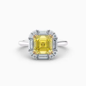 2ct Fancy intense yellow Asscher and baguette diamond ring in yellow gold