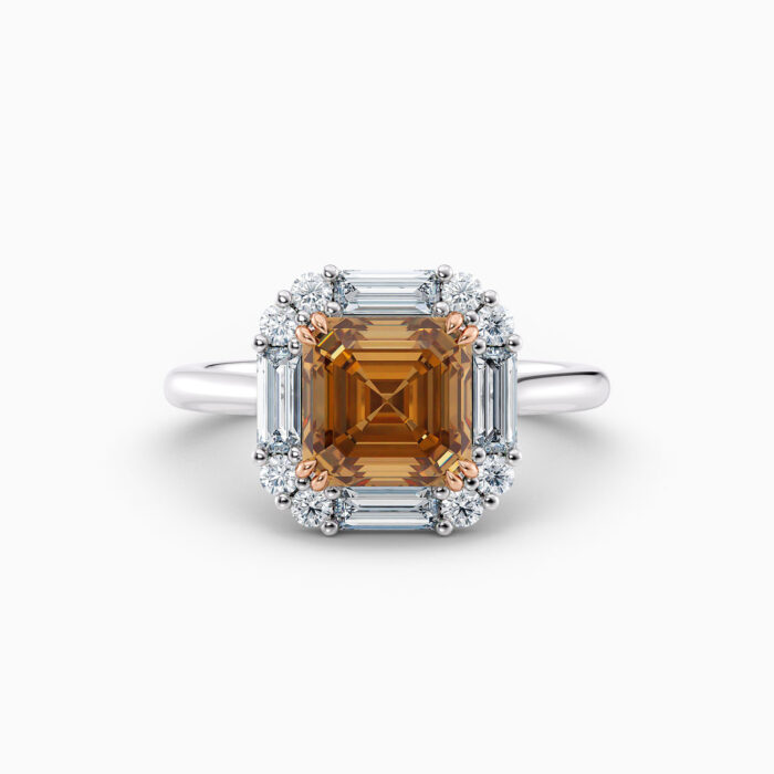 2ct Champagne Asscher and baguette diamond ring in yellow gold