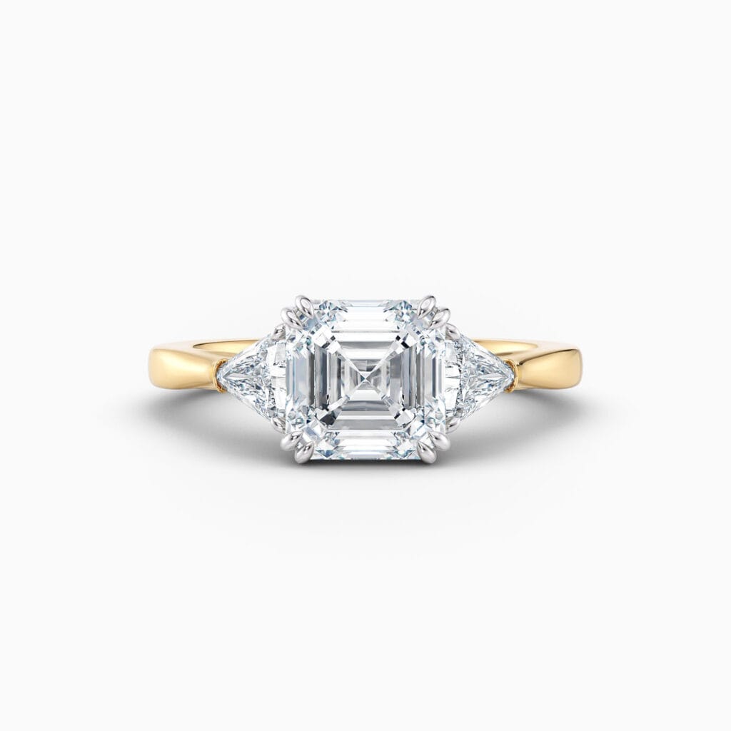 Engagement Rings & Coloured Stones in 2026 That You’ll Love 166 2ct Asscher cut 3 stone diamond ring in yellow gold