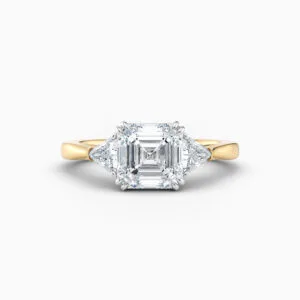 2ct Asscher cut 3 stone diamond ring in yellow gold