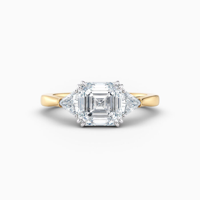 2ct Asscher cut 3 stone diamond ring in yellow gold